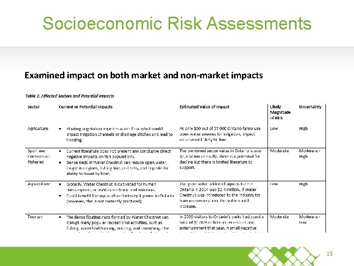 Socioeconomic Risk Assessments Examined impact on both market and non-market impacts 15 