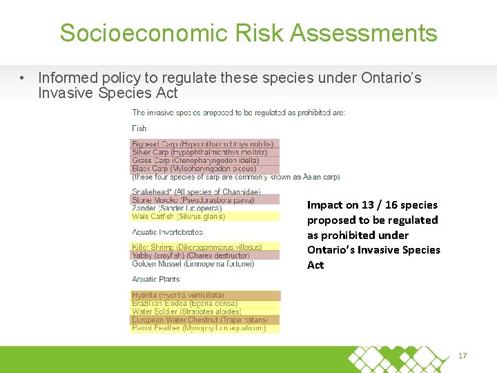 Socioeconomic Risk Assessments • Informed policy to regulate these species under Ontario’s Invasive Species