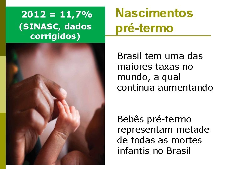 2012 = 11, 7% (SINASC, dados corrigidos) Nascimentos pré-termo Brasil tem uma das maiores