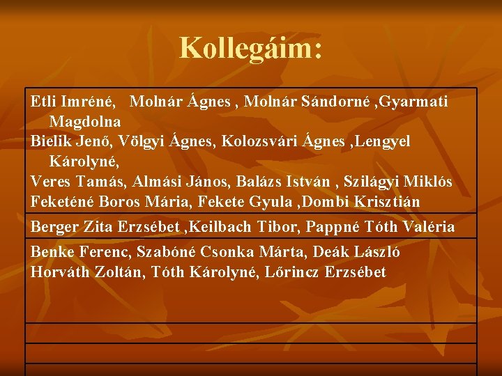 Kollegáim: Etli Imréné, Molnár Ágnes , Molnár Sándorné , Gyarmati Magdolna Bielik Jenő, Völgyi