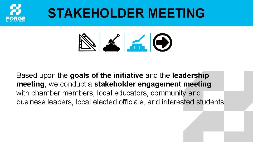 STAKEHOLDER MEETING Based upon the goals of the initiative and the leadership meeting, we