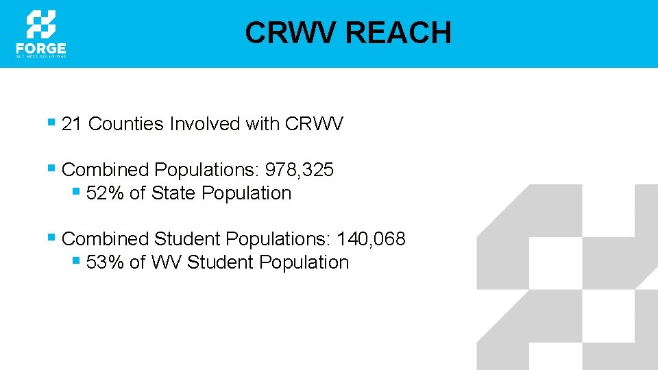 CRWV REACH § 21 Counties Involved with CRWV § Combined Populations: 978, 325 §