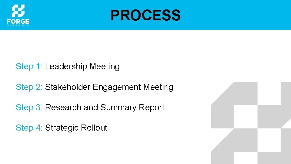 PROCESS Step 1: Leadership Meeting Step 2: Stakeholder Engagement Meeting Step 3: Research and