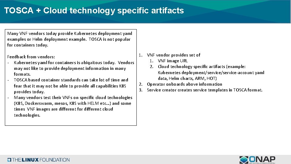 TOSCA + Cloud technology specific artifacts Many VNF vendors today provide Kubernetes deployment yaml