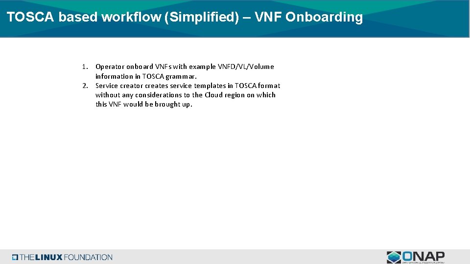 TOSCA based workflow (Simplified) – VNF Onboarding 1. Operator onboard VNFs with example VNFD/VL/Volume