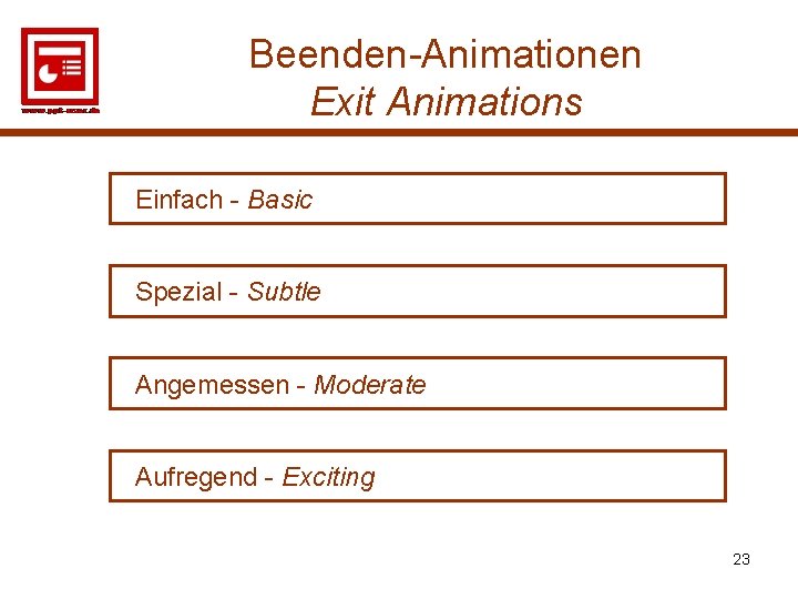 Beenden-Animationen Exit Animations Einfach - Basic Spezial - Subtle Angemessen - Moderate Aufregend -