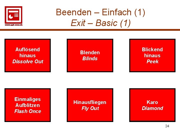 Beenden – Einfach (1) Exit – Basic (1) Auflösend hinaus Dissolve Out Blenden Blinds