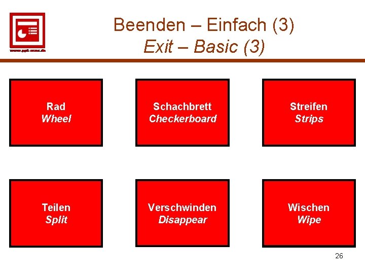 Beenden – Einfach (3) Exit – Basic (3) Rad Wheel Schachbrett Checkerboard Streifen Strips