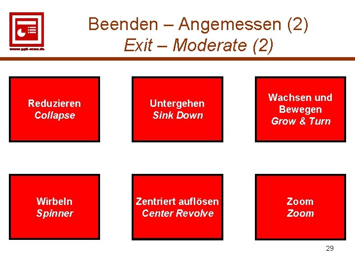 Beenden – Angemessen (2) Exit – Moderate (2) Reduzieren Collapse Untergehen Sink Down Wachsen