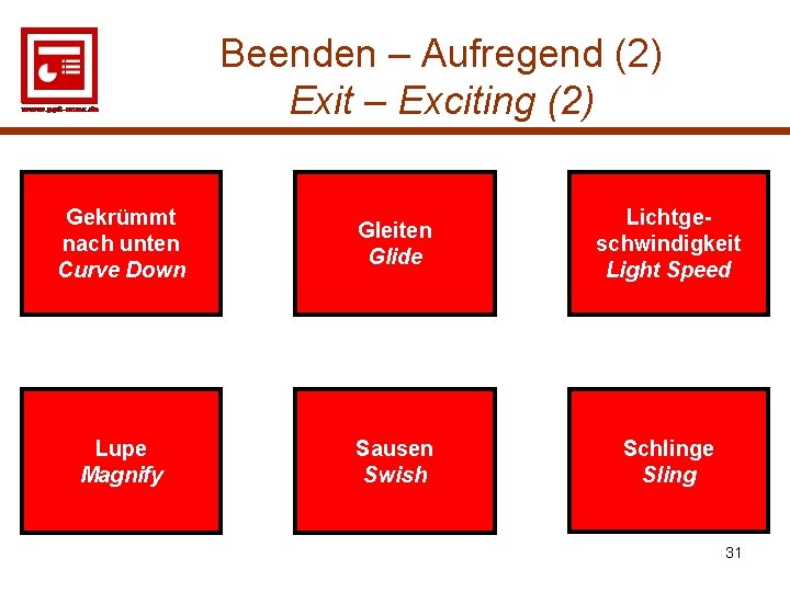 Beenden – Aufregend (2) Exit – Exciting (2) Gekrümmt nach unten Curve Down Gleiten