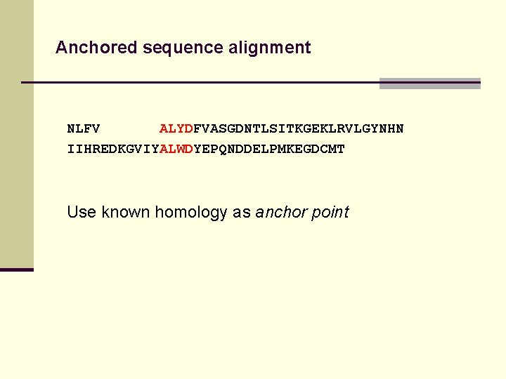 Anchored sequence alignment NLFV ALYDFVASGDNTLSITKGEKLRVLGYNHN IIHREDKGVIYALWDYEPQNDDELPMKEGDCMT Use known homology as anchor point 