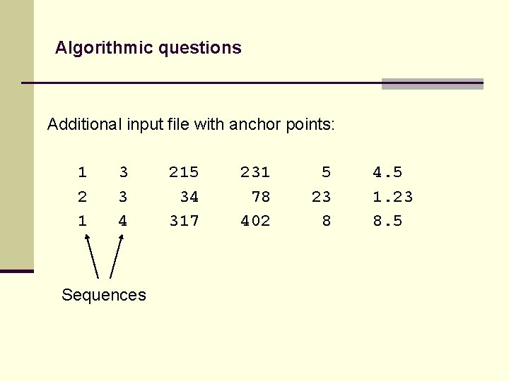 Algorithmic questions Additional input file with anchor points: 1 2 1 3 3 4