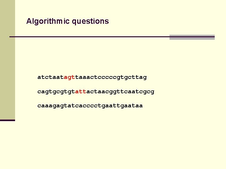 Algorithmic questions atctaatagttaaactcccccgtgcttag cagtgcgtgtattactaacggttcaatcgcg caaagagtatcacccctgaataa 