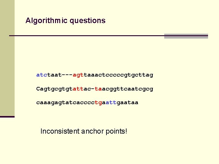 Algorithmic questions atctaat---agttaaactcccccgtgcttag Cagtgcgtgtattac-taacggttcaatcgcg caaagagtatcacccctgaataa Inconsistent anchor points! 