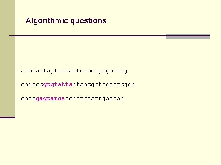 Algorithmic questions atctaatagttaaactcccccgtgcttag cagtgcgtgtattactaacggttcaatcgcg caaagagtatcacccctgaataa 