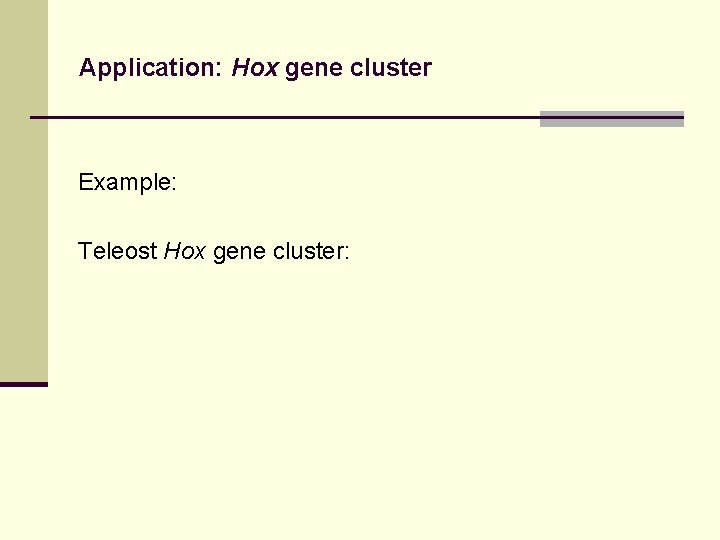 Application: Hox gene cluster Example: Teleost Hox gene cluster: 