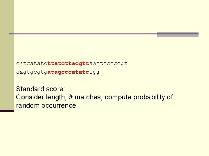 catcatatcttacgttaactcccccgt cagtgcgtgatagcccatatccgg Standard score: Consider length, # matches, compute probability of random occurrence 