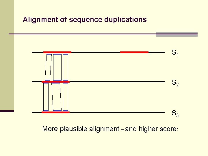 Alignment of sequence duplications S 1 S 2 S 3 More plausible alignment –