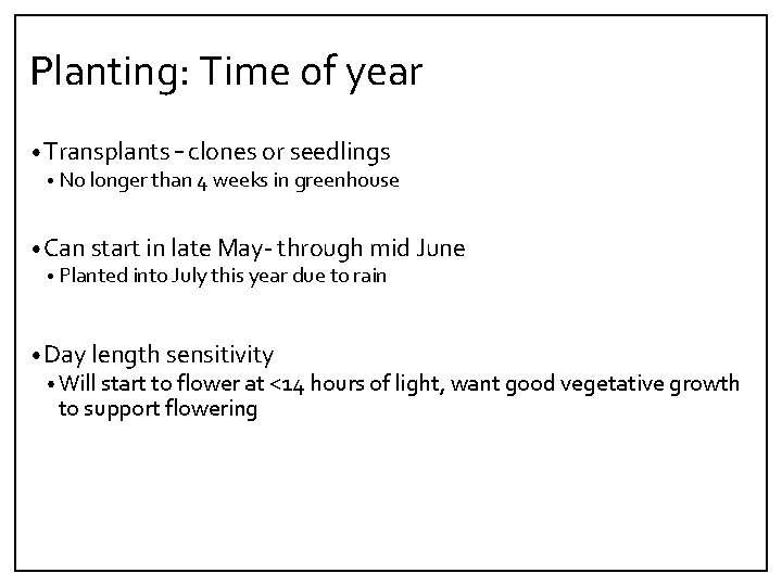 Planting: Time of year • Transplants – clones or seedlings • No longer than