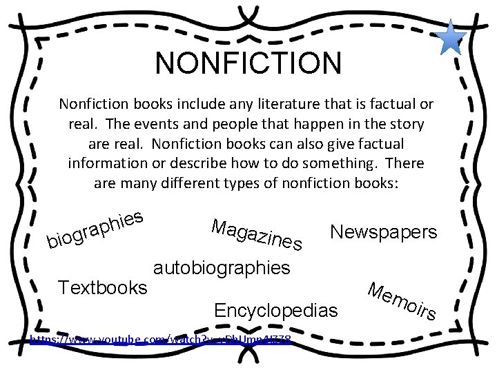 NONFICTION Nonfiction books include any literature that is factual or real. The events and NONFICTION Nonfiction books include any literature that is factual or real. The events and