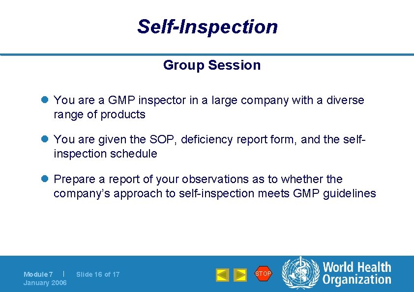 Self-Inspection Group Session l You are a GMP inspector in a large company with