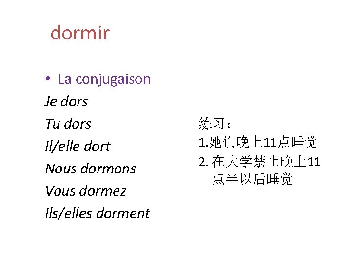 dormir • La conjugaison Je dors Tu dors Il/elle dort Nous dormons Vous dormez