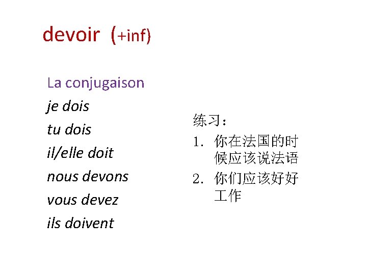 devoir (+inf) La conjugaison je dois tu dois il/elle doit nous devons vous devez