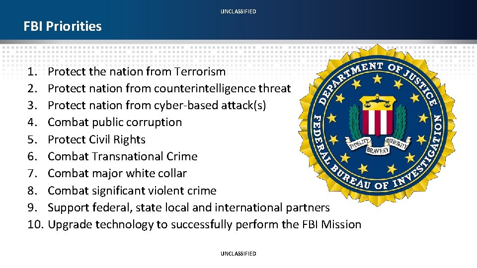 UNCLASSIFIED FBI Priorities 1. Protect the nation from Terrorism 2. Protect nation from counterintelligence
