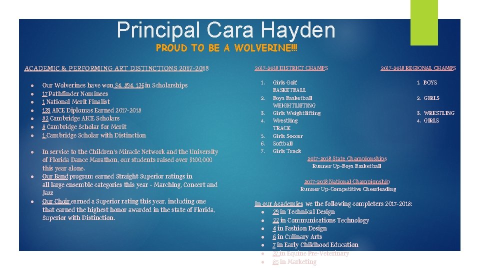 Principal Cara Hayden PROUD TO BE A WOLVERINE!!! ACADEMIC & PERFORMING ART DISTINCTIONS 2017
