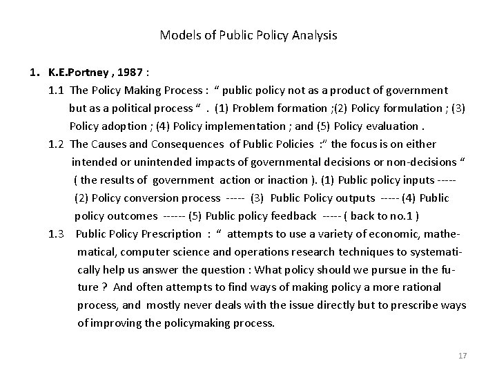 Models of Public Policy Analysis 1. K. E. Portney , 1987 : 1. 1