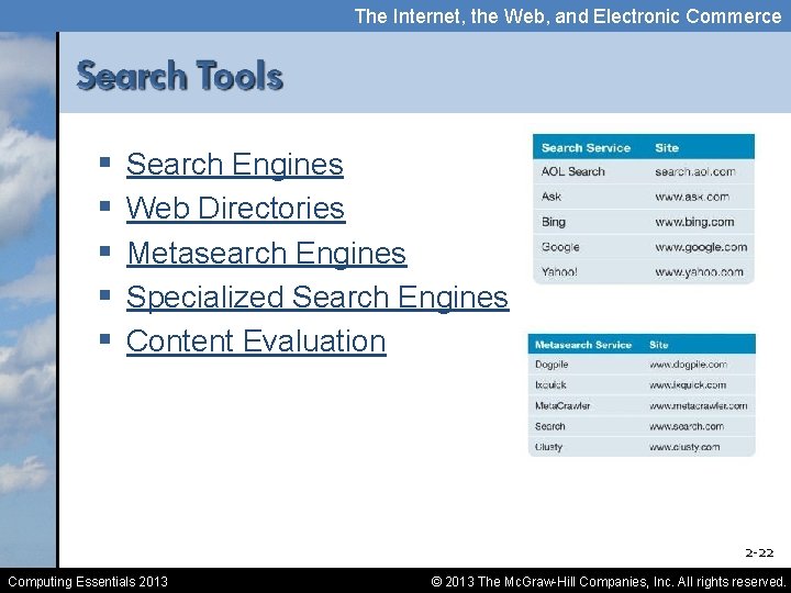 The Internet, the Web, and Electronic Commerce § § § Search Engines Web Directories