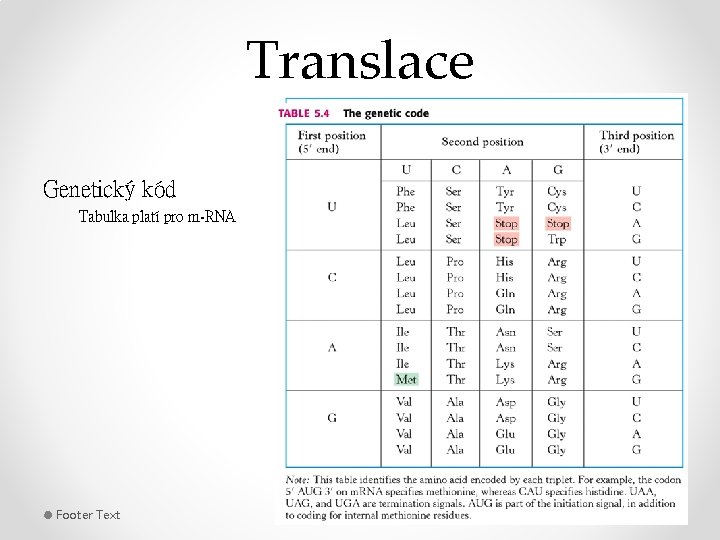 Translace Genetický kód Tabulka platí pro m-RNA Footer Text 11/26/2020 39 