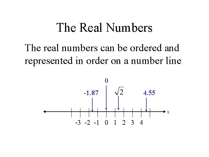 The Real Numbers The real numbers can be ordered and represented in order on