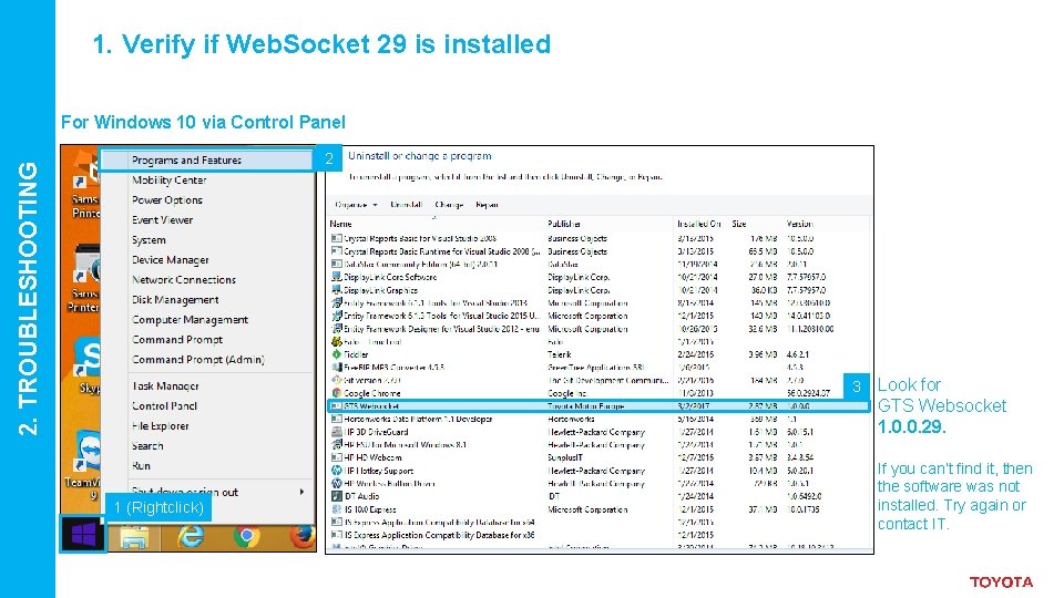 1. Verify if Web. Socket 29 is installed For Windows 10 via Control Panel