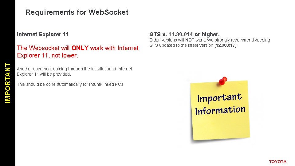 Requirements for Web. Socket Internet Explorer 11 IMPORTANT The Websocket will ONLY work with