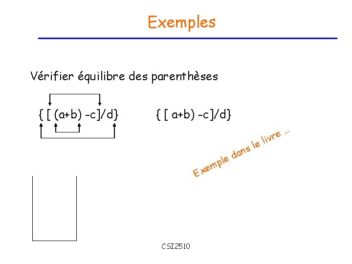 Exemples Vérifier équilibre des parenthèses { [ (a+b) -c]/d} { [ a+b) -c]/d} em