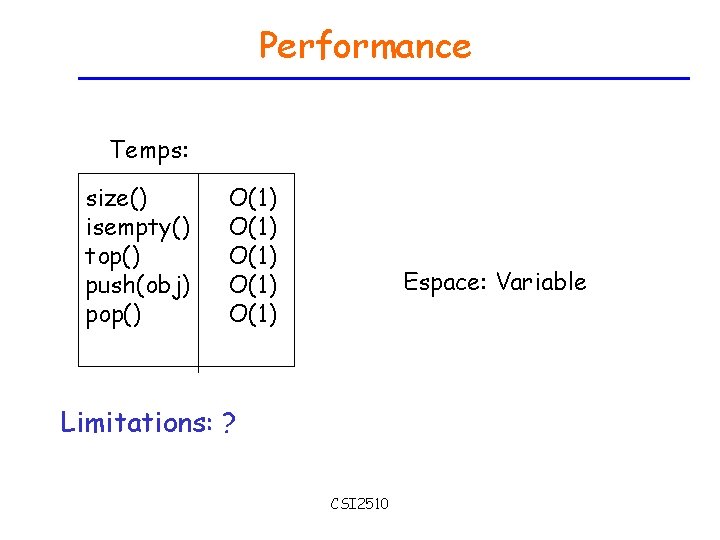 Performance Temps: size() isempty() top() push(obj) pop() O(1) O(1) Espace: Variable Limitations: ? CSI