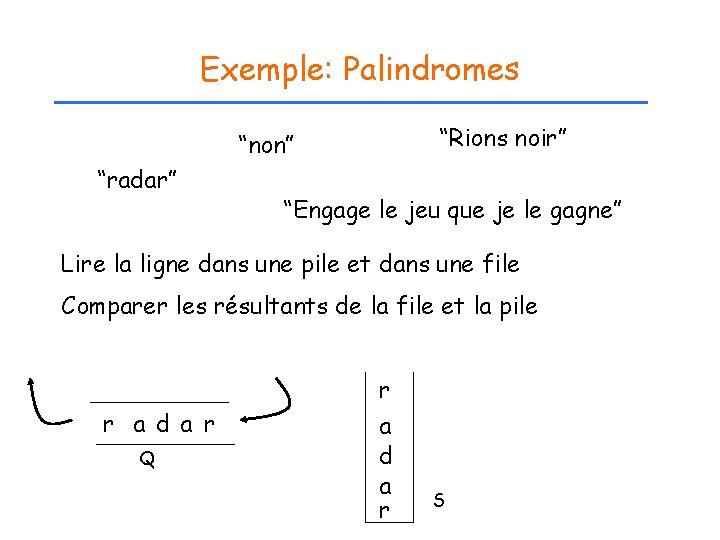 Exemple: Palindromes “Rions noir” “non” “radar” “Engage le jeu que je le gagne” Lire