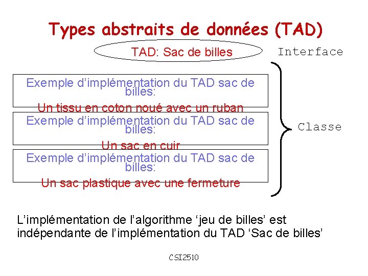 Types abstraits de données (TAD) TAD: Sac de billes Exemple d’implémentation du TAD sac