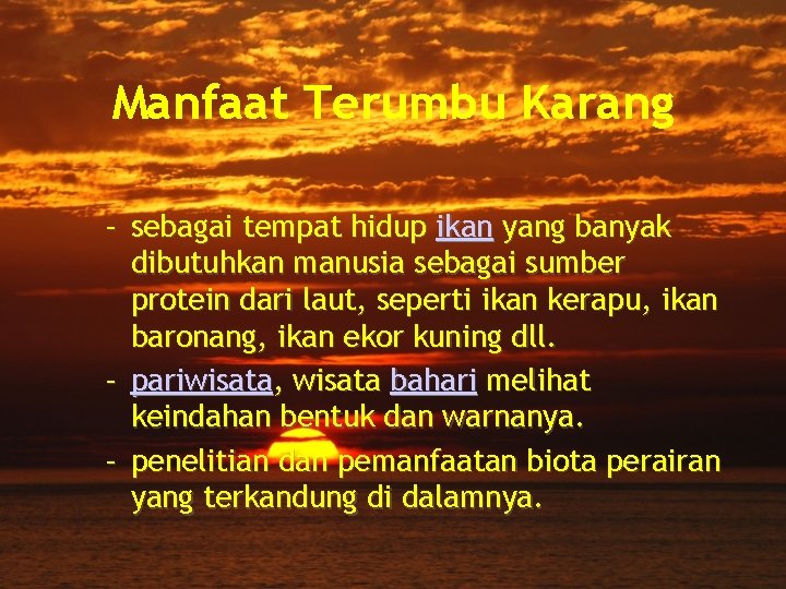 Manfaat Terumbu Karang – sebagai tempat hidup ikan yang banyak dibutuhkan manusia sebagai sumber