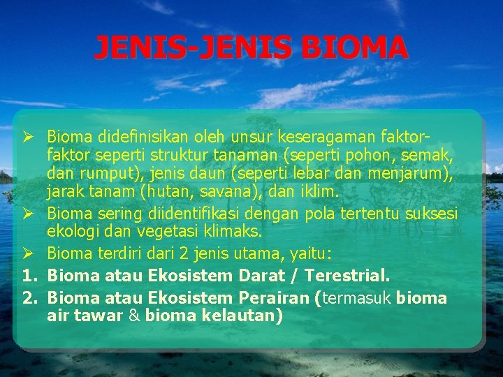 JENIS-JENIS BIOMA Ø Bioma didefinisikan oleh unsur keseragaman faktor seperti struktur tanaman (seperti pohon,
