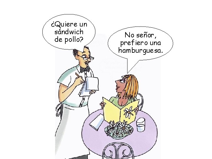 ¿Quiere un sándwich de pollo? No señor, prefiero una hamburguesa. 