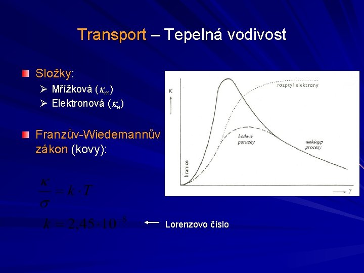 Transport – Tepelná vodivost Složky: Ø Mřížková (km) Ø Elektronová (ke) Franzův-Wiedemannův zákon (kovy):