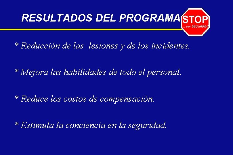 RESULTADOS DEL PROGRAMA * Reducción de las lesiones y de los incidentes. * Mejora