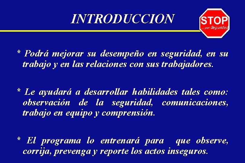 INTRODUCCION * Podrá mejorar su desempeño en seguridad, en su trabajo y en las