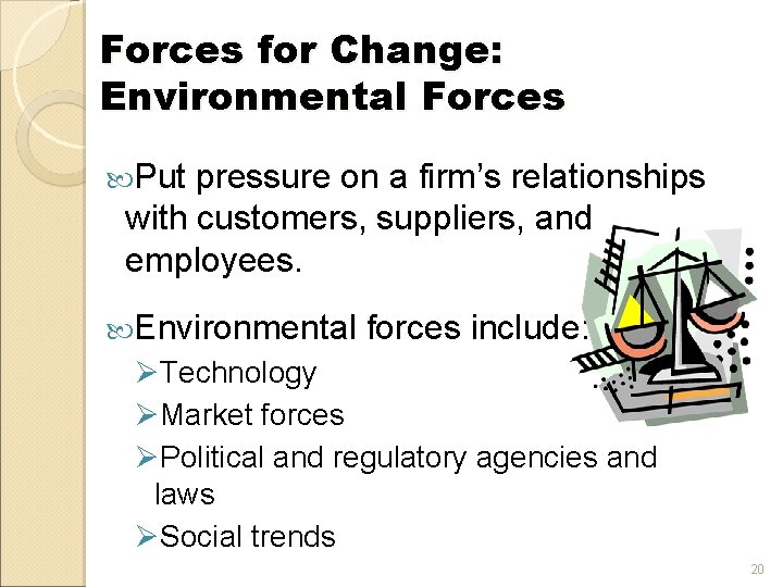 Forces for Change: Environmental Forces Put pressure on a firm’s relationships with customers, suppliers,