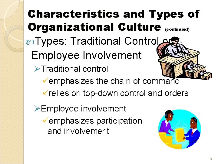 Characteristics and Types of Organizational Culture Types: Traditional Control or Employee Involvement (continued) ØTraditional