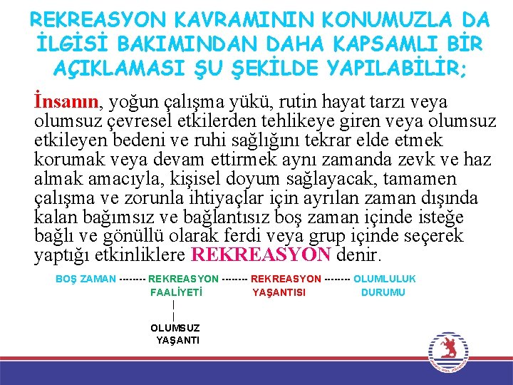REKREASYON KAVRAMININ KONUMUZLA DA İLGİSİ BAKIMINDAN DAHA KAPSAMLI BİR AÇIKLAMASI ŞU ŞEKİLDE YAPILABİLİR; İnsanın,