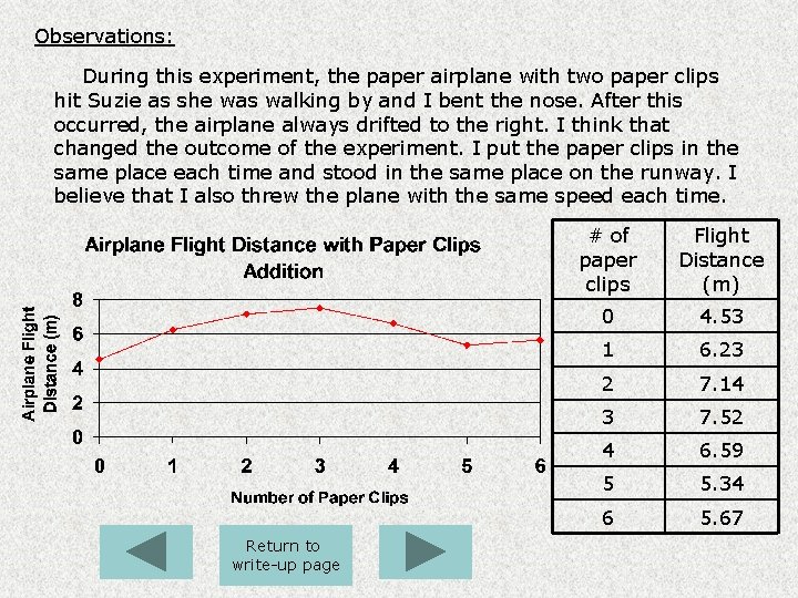 Observations: During this experiment, the paper airplane with two paper clips hit Suzie as