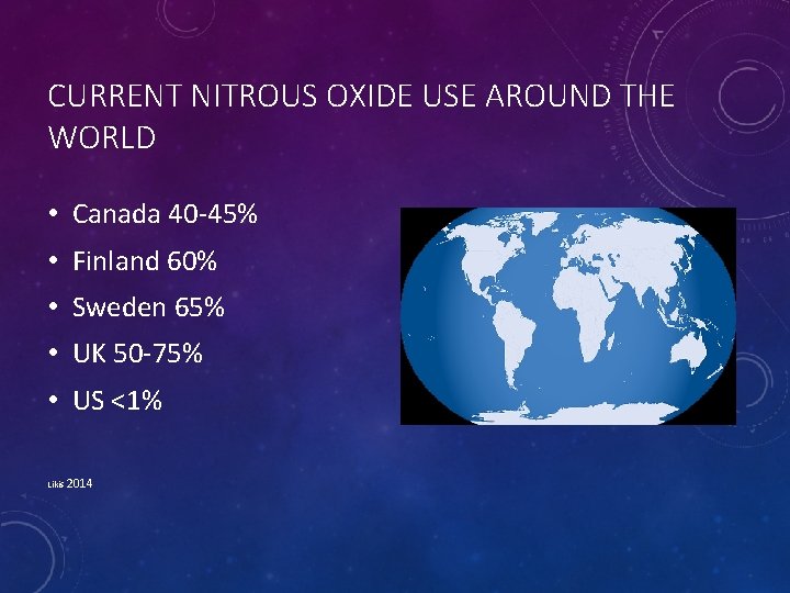 CURRENT NITROUS OXIDE USE AROUND THE WORLD • Canada 40 -45% • Finland 60%